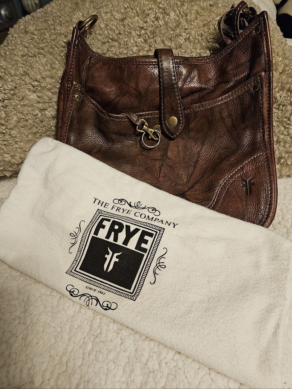 Frye Dark Brown Leather Crossbody/Shoulder Bag with Antique Brass Hardware
